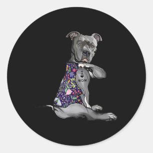 Sticker Rond I Love Maman Funny Pitbull Chien Tatouage Fleur Mè
