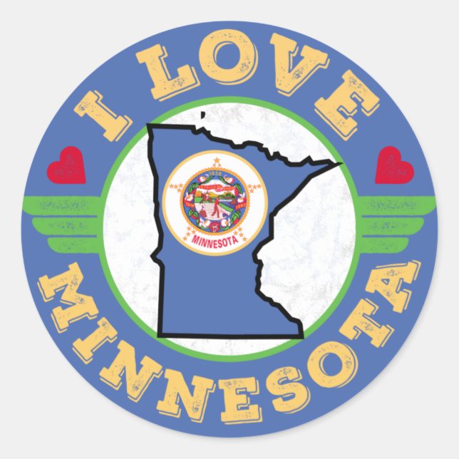 Sticker Rond I Love Minnesota State Map and Flag (Devant)