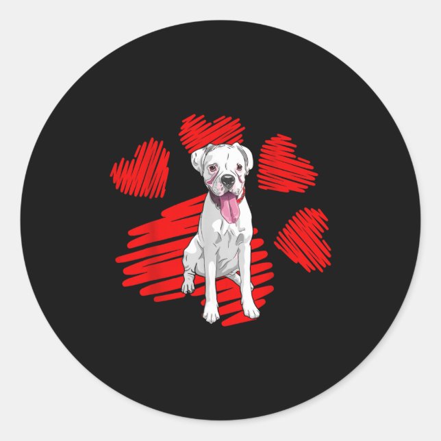 Sticker Rond I Love My White Boxer Dog Paw Heart Valentines Day (Devant)