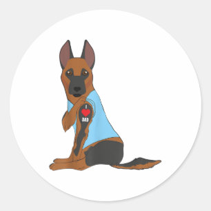 Sticker Rond I Love Papa - Chien Coeur Tattoo Belge Malinois El