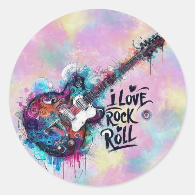 Sticker Rond I Love Rock N Roll Electric Guitare Musique Art Bl (Devant)