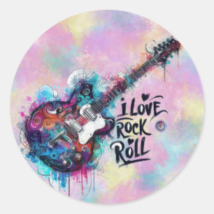 Sticker Rond I Love Rock N Roll Electric Guitare Musique Art Bl