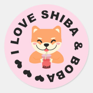 Sticker Rond I LOVE SHIBA & BOBA - Cute Shiba Inu and Boba Tea