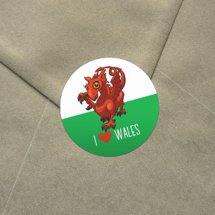 Sticker Rond I Love Wales Welsh Baby Red Dragon Cartoon