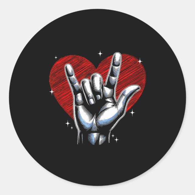 Sticker Rond I Love You Hand Sign Asl Heart Women Kids Men Vale (Devant)