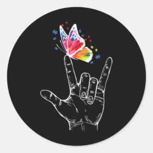 Sticker Rond I Love You Hand Sign Language Butterfly Autism