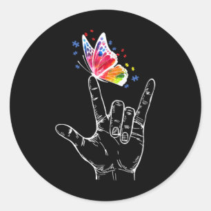 Sticker Rond I Love You Main Sign Language Butterfly Autism Awa