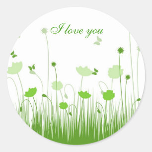 Sticker Rond I Love You Minimalist Green White Poppies Floral