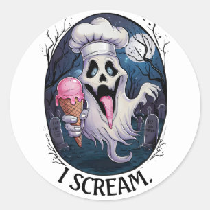 Sticker Rond "I Scream" Funny Ghost Chef Halloween Ice Cream St