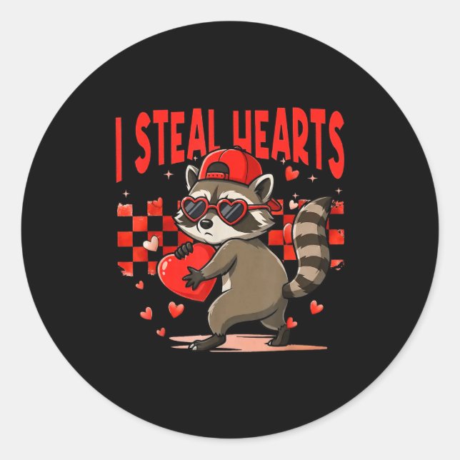 Sticker Rond I Steal Hearts Design Raccoon Valentine Day Retro  (Devant)