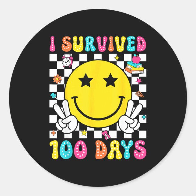 Sticker Rond I Survived 100 Days Of School Boys Kids 100th Day  (Devant)