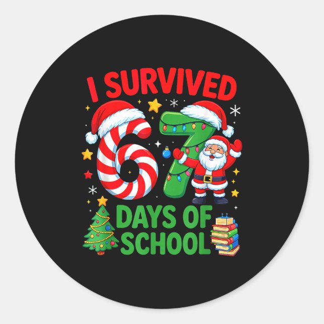 Sticker Rond I Survived 67 Days Of School Christmas Candy Cane  (Devant)