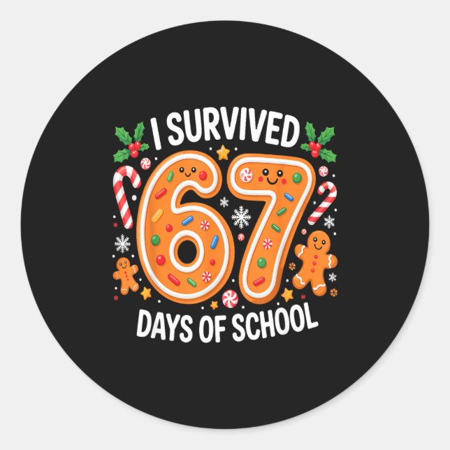 Sticker Rond I Survived 67 Days Of School Christmas Candy Cane  (Devant)
