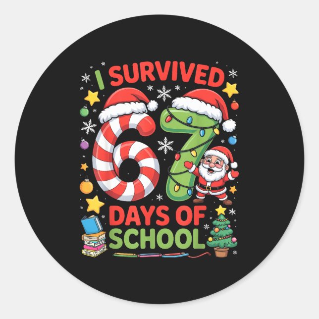 Sticker Rond I Survived 67 Days Of School Christmas Candy Cane  (Devant)