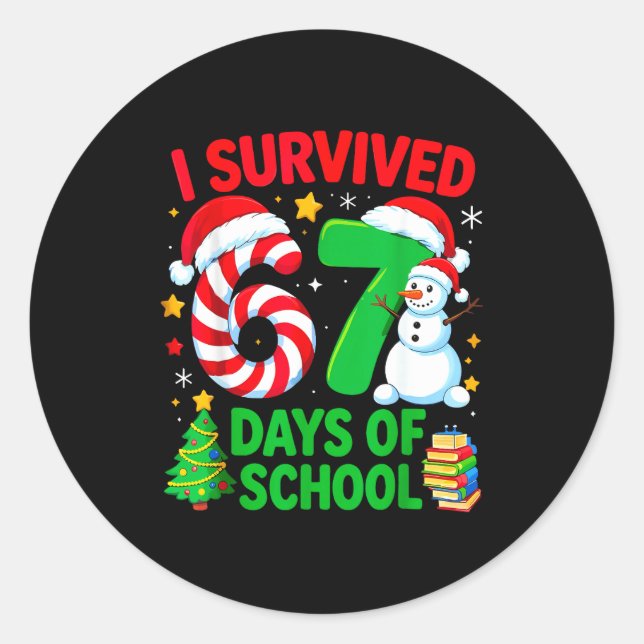 Sticker Rond I Survived 67 Days Of School Christmas Candy Cane  (Devant)