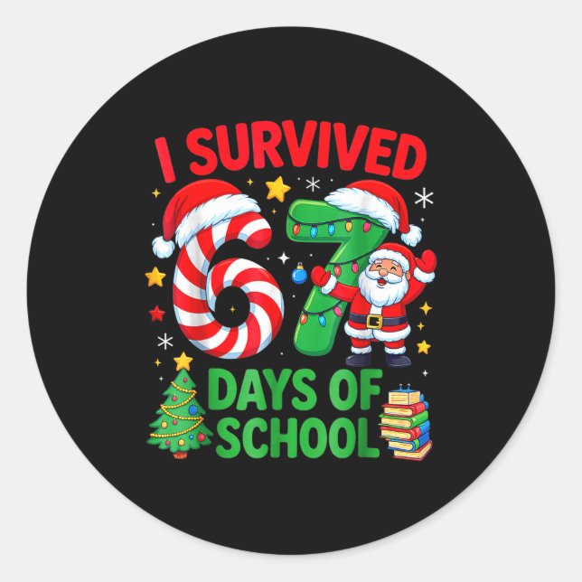 Sticker Rond I Survived 67 Days Of School Christmas Candy Cane  (Devant)