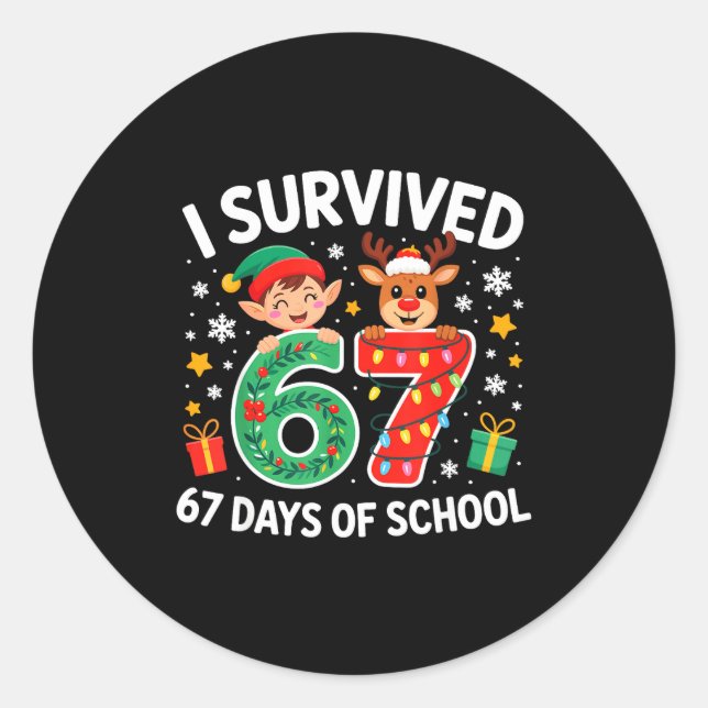 Sticker Rond I Survived 67 Days Of School Christmas Candy Cane  (Devant)