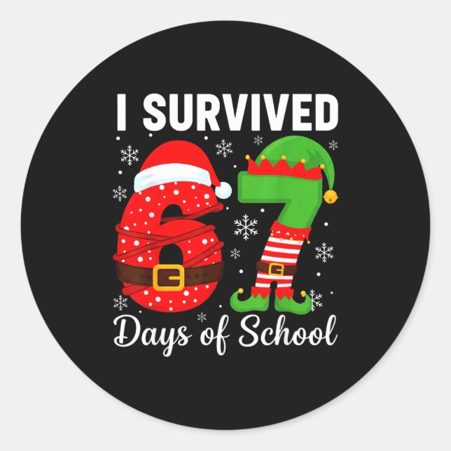 Sticker Rond I Survived 67 Days Of School Funny Elf Christmas S (Devant)