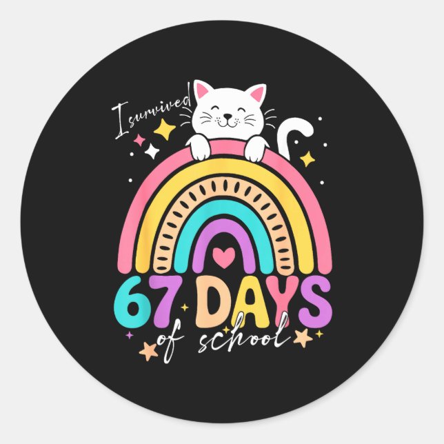 Sticker Rond I Survived 67 Days Of School Kids Kitten Cat Cool  (Devant)