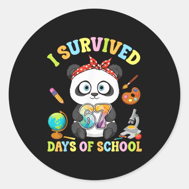 Sticker Rond I Survived Six Seven Days Of School Cute Panda Stu (Devant)