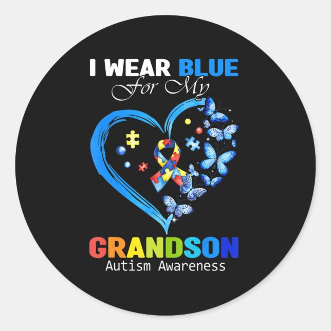 Sticker Rond I Wear Blue For My Grandson Autism Aware Heart (Devant)