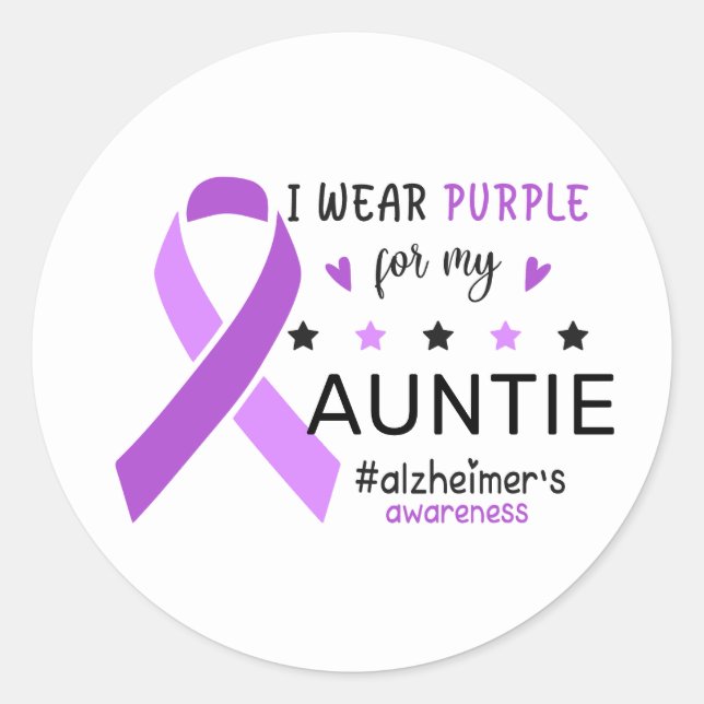 Sticker Rond I Wear Purple For My Auntie Alzheimer Awareness (Devant)