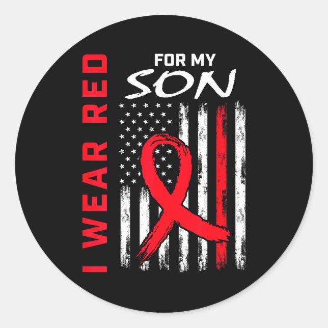 Sticker Rond I Wear Red For My Son Heart Disease Awareness Flag (Devant)