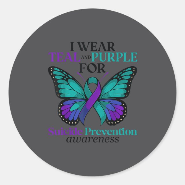 Sticker Rond I Wear Teal &amp; Purple Butterfly Suicide Prevent (Devant)
