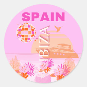 Sticker Rond Ibiza, Espagne, Art Voyage, Art Preppy, Rose, Prep