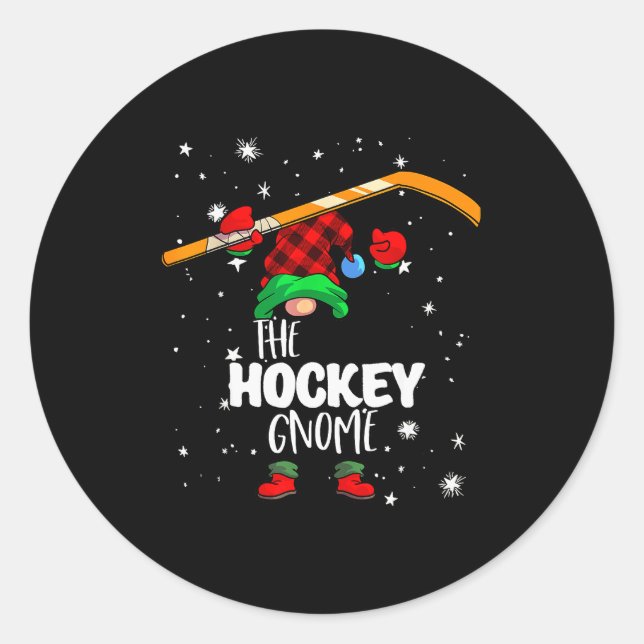 Sticker Rond Ice Hockey Gnome Red Buffalo Plaid Matching Family (Devant)