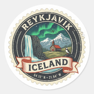 Sticker Rond Iceland Vintage Travel Stamp Reykjavik