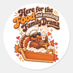 Sticker Rond Ici pour la nourriture drôle de Thanksgiving