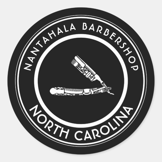 Sticker Rond icônes de rasoir barbershop personnalisables (Devant)