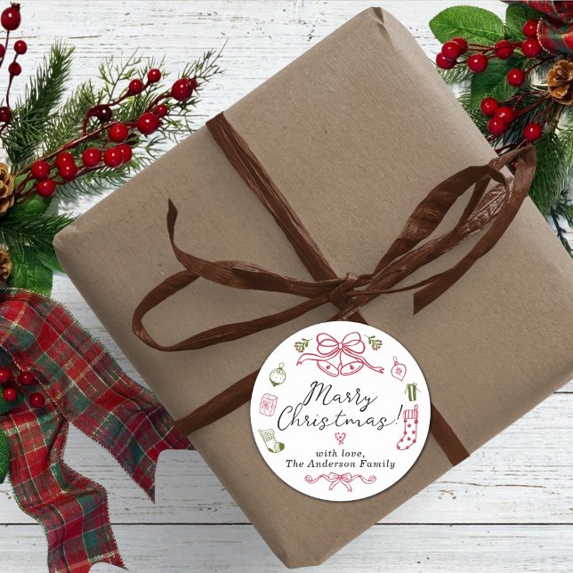 Sticker Rond Icônes de vacances Whimsical avec design vert roug (Merry Christmas Red and Green Doodles Classic Round Sticker)