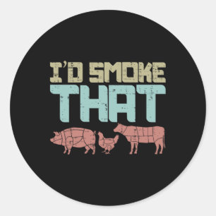 Sticker Rond Id Fumée Porc Boeuf De Poulet Bbq Amusant Barbecue