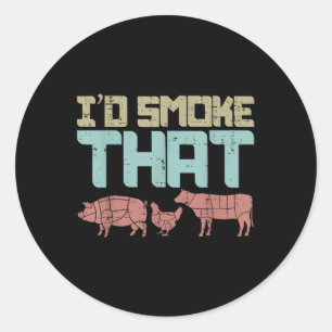 Sticker Rond Id Fumée Porc Boeuf De Poulet Bbq Amusant Barbecue