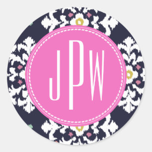 Sticker Rond Ikat et monogramme rose