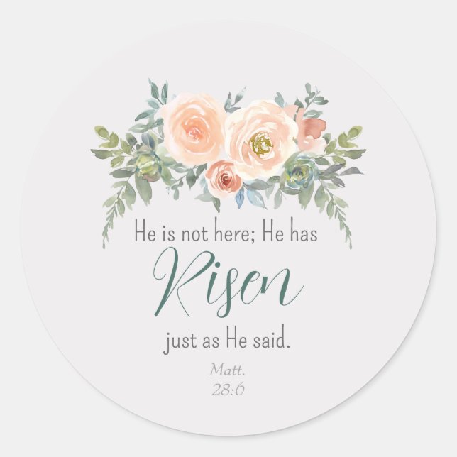 Sticker Rond Il a ressuscité Pâques Floral Peach Green Aquarell (Devant)