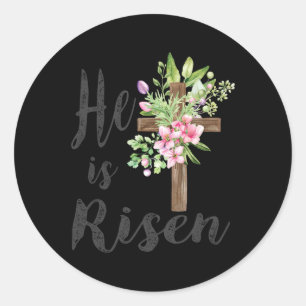 Sticker Rond Il Est Ressuscité Floral Cross Vintage Bonne Pâque