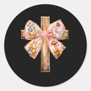 Sticker Rond Il Est Ressuscité Jésus Coquette Nœud Paques Croix