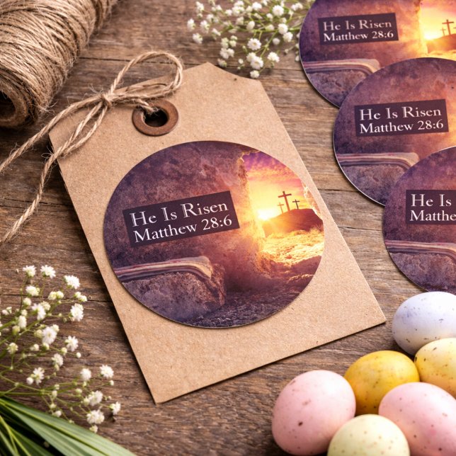 Sticker Rond Il Est Ressuscité Trois Croix Tombeau Vide Pâques (He Is Risen Three Crosses Empty Tomb Easter Classic Round Sticker
)