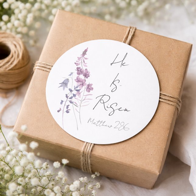 Sticker Rond Il est ressuscité Violet floral Script Paques reli (Créateur téléchargé)