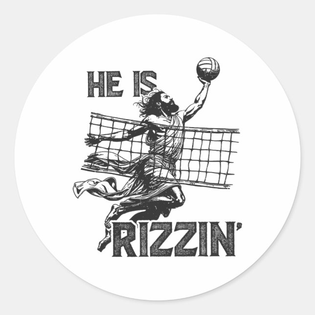 Sticker Rond Il Est Rizzin Drôle Jésus Jouant Joueur De Volley- (Devant)