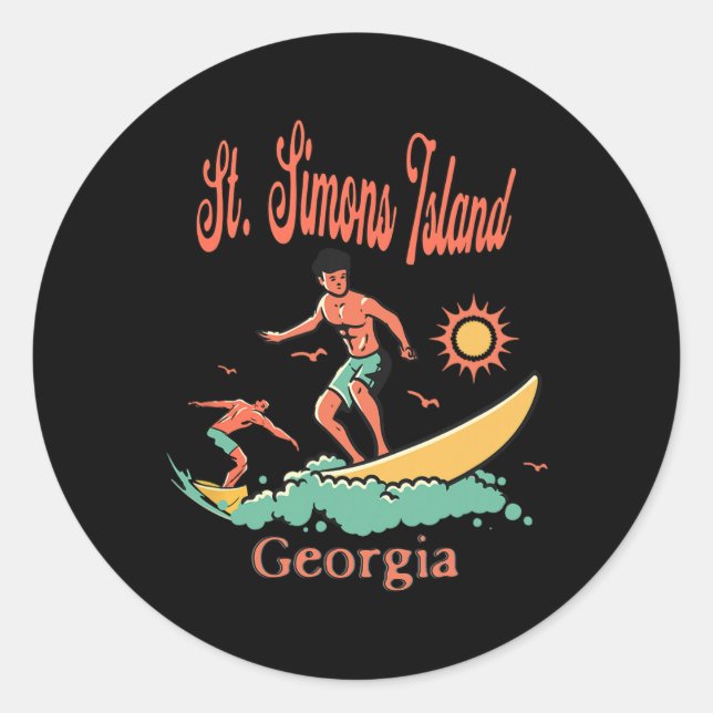 Sticker Rond Île de St. Simons Géorgie Ga Surfeur Surfant Pêche (Devant)