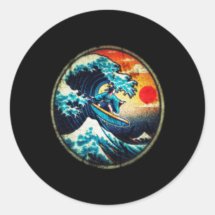 Sticker Rond Île de surf rétro vintage Ukiyo-e Japon plage M