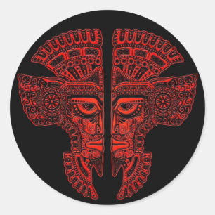 Sticker Rond Illusion de masque des jumeaux mayas rouges sur no