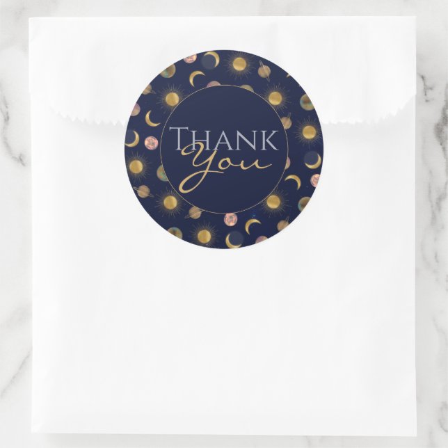 Sticker Rond Illustration Blue Gold Sun Moon Planètes Space (Sac)