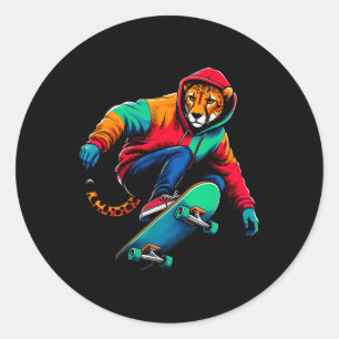 Sticker Rond Illustration d'art de guépard funky cool en skateb