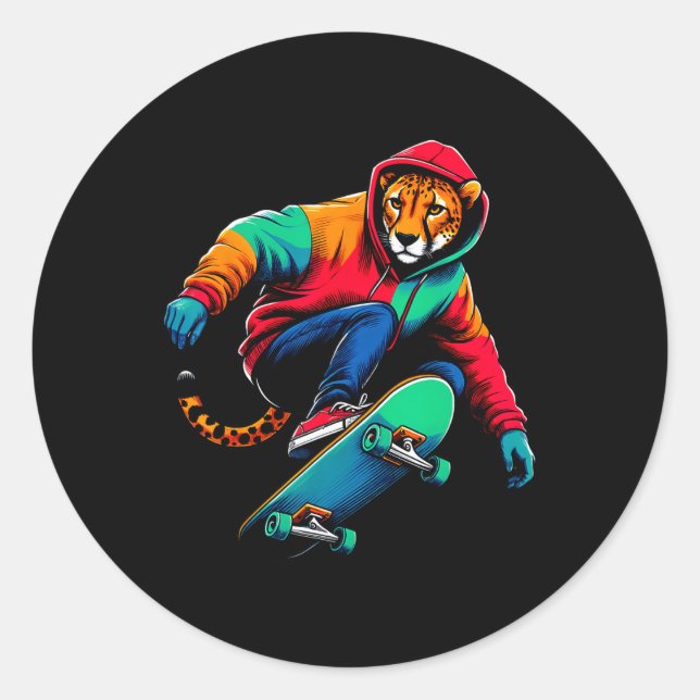 Sticker Rond Illustration d'art de guépard funky cool en skateb (Devant)