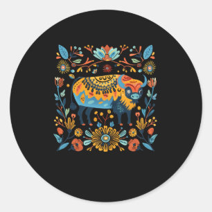 Sticker Rond Illustration D'Art Folk Coloré Avec Décor